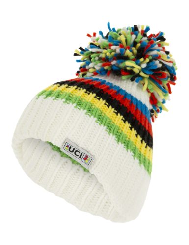Sapka Santini UCI Rainbow Stripes BIG BOBBLE téli fehér bojtos (BBH108)