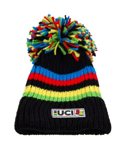 Sapka Santini UCI Rainbow Stripes BIG BOBBLE téli fekete bojtos (BBH103)